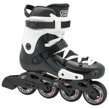 The FR Skates FRW 80 Women's Inline Skates in black and white feature four durable FR Street Kings wheels, adjustable straps, and a sturdy frame ideal for freeride skaters. The wheels prominently display the FR Skates branding.