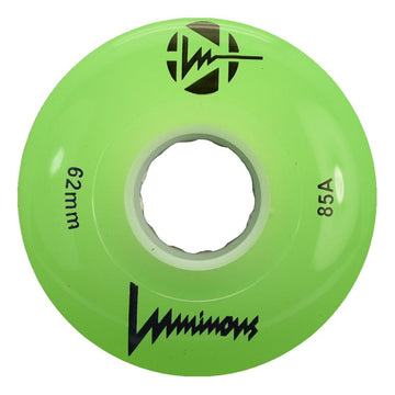 The Luminous LED 85A Quad Roller Skate Wheel in bright green features a hollow center, "62mm" and "85A durometer" markings, black stylized "Luminous" branding, and a black graphic logo.