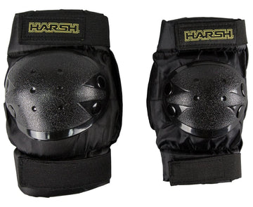 The Harsh Kids Knee / Elbow Combo Skate Protection Pad Set in black features two knee pads with hard plastic caps and adjustable Velcro straps, making it perfect for action sports. The brand name "Harsh" is prominently displayed in yellow text on the elastic bands. This protective gear set, designed for kids, is shown side by side against a white background.