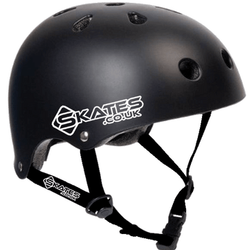 Introducing the Skates.co.uk ABS Skate/Scooter Helmet in Black/White, a stylish helmet designed with ventilation holes and an adjustable strap for a snug fit. The helmet prominently displays the Skates.co.uk logo on both the side and strap, ensuring you look fashionable while staying safe on your ride.
