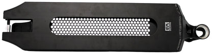 The Root Industries Invictus V3 Black Stunt Scooter Deck (5.2" x 19.7") features a smooth black finish, honeycomb-pattern center cutout, circular mounting hole on one end, and a small logo near the right side.