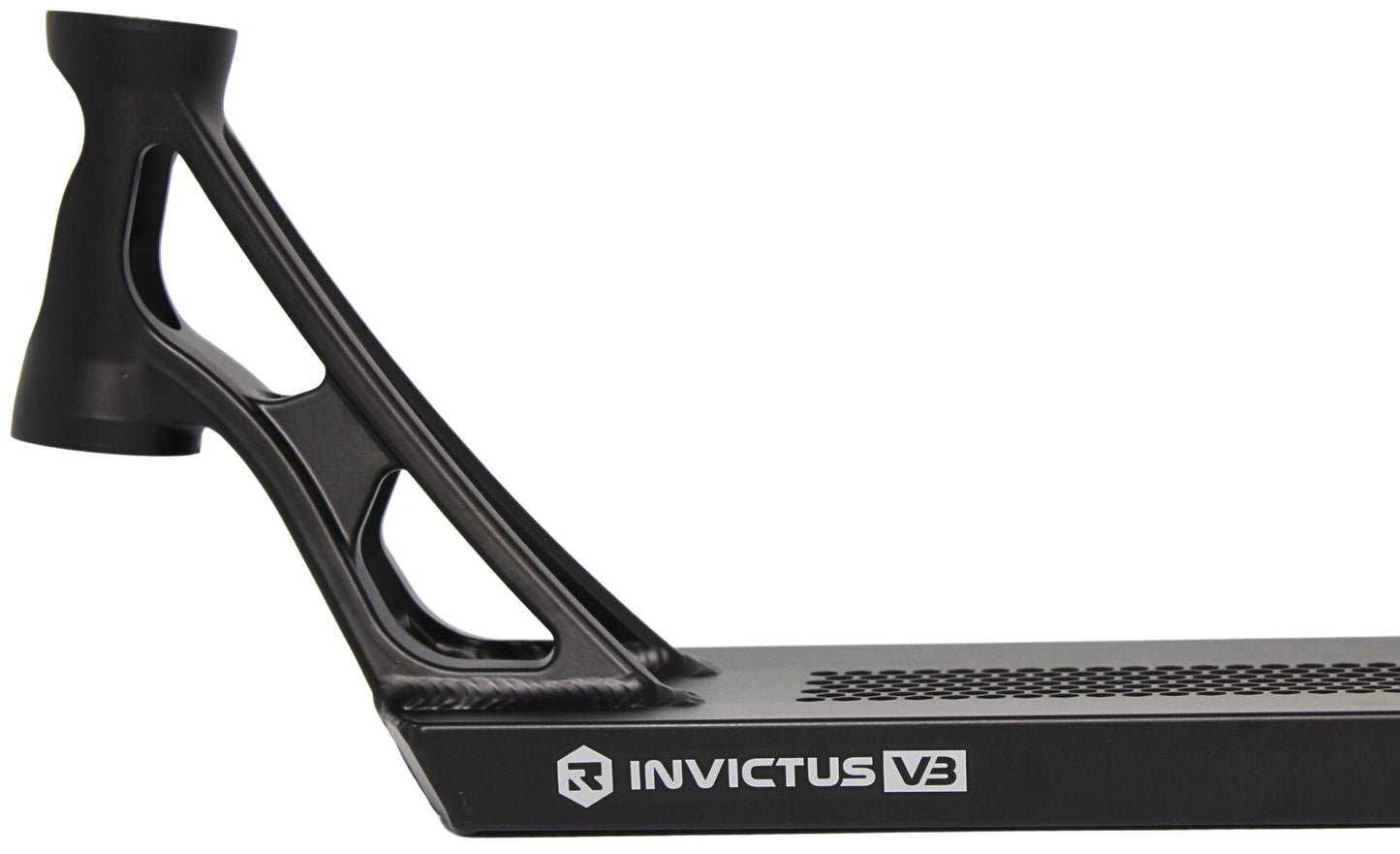 Close-up of the Root Industries Invictus V3 Black Stunt Scooter Deck (5.2" x 19.7") featuring a geometric, open-frame neck and the Root Industries logo and name on the side for a sleek, professional appearance.