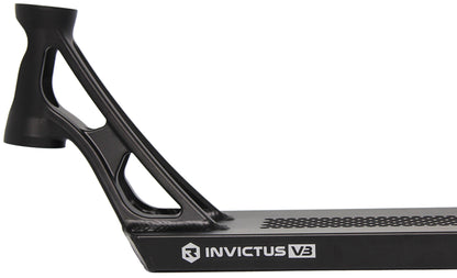 Close-up of the Root Industries Invictus V3 Black Stunt Scooter Deck (5.2" x 19.7") featuring a geometric, open-frame neck and the Root Industries logo and name on the side for a sleek, professional appearance.