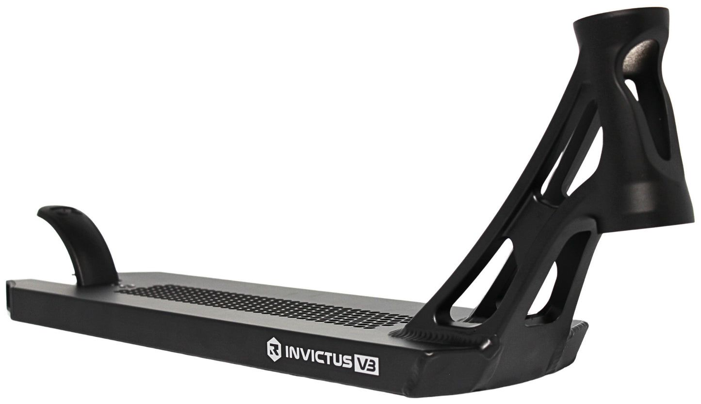The Root Industries Invictus V3 Black Stunt Scooter Deck (5.2" x 19.7") features an angular open-frame neck and textured footplate, shown from a slight angle.