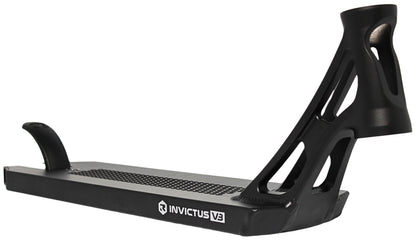 The Root Industries Invictus V3 Black Stunt Scooter Deck (5.2" x 19.7") features an angular open-frame neck and textured footplate, shown from a slight angle.