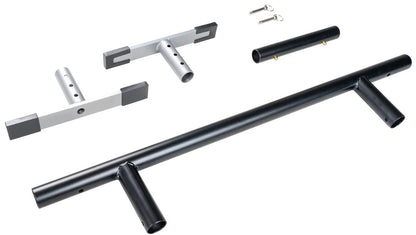 Disassembled Madd Gear MGP Grind Rail Extension Kit - 91cm set with two black and silver steel handles, two short metal brackets with rubber ends, one cylindrical part, and two small keys—all displayed on a white background.