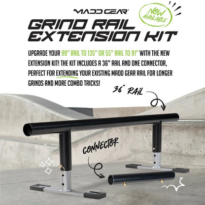 A black 91cm grind rail with a silver connector is shown on a skate park floor. Text highlights the Madd Gear MGP Grind Rail Extension Kit by Madd Gear, ideal for upgrading rails for longer grinds and combo tricks. A green "Now Available" badge appears.