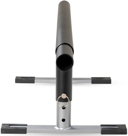 A close-up, front-facing view of a black and silver landmine attachment for weightlifting on a white background—compatible with Madd Gear (MGP) products like the MGP Grind Rail Extension Kit - 91cm for versatile training options.