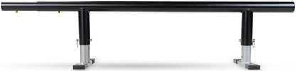 A Madd Gear black metal grind rail with two sturdy supports and flat bases, set against a white background, is compatible with the Madd Gear MGP Grind Rail Extension Kit - 91cm for added length.