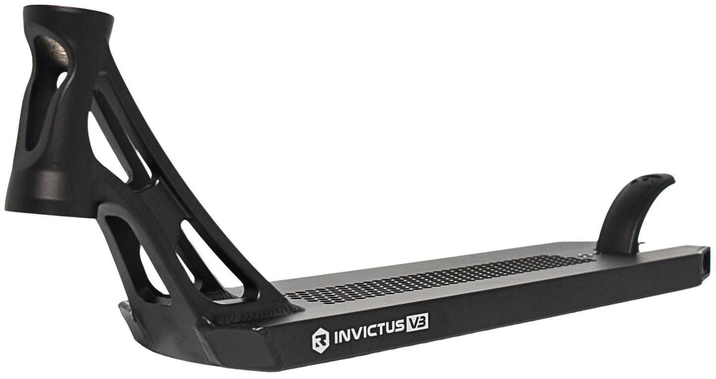The Root Industries Invictus V3 Black Stunt Scooter Deck (5.2" x 19.7") features a lightweight build, textured grip surface, open-frame neck with cut-out details, curved brake, sleek design, and side logo.