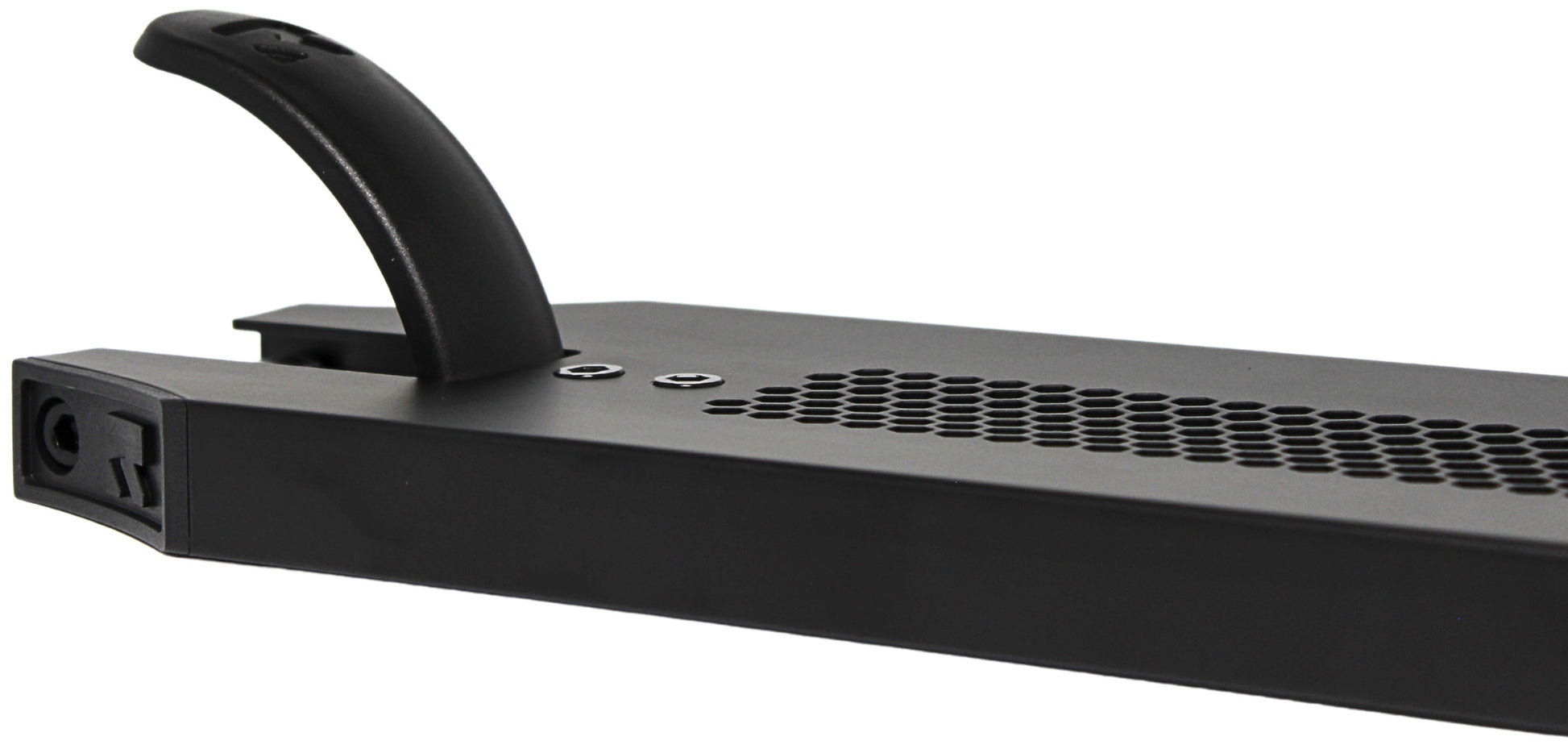 Close-up of the Root Industries Invictus V3 Black Stunt Scooter Deck (5.2" x 19.7") featuring a curved handle, hexagonal ventilation holes, and two screws on top from Root Industries.