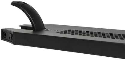 Close-up of the Root Industries Invictus V3 Black Stunt Scooter Deck (5.2" x 19.7") featuring a curved handle, hexagonal ventilation holes, and two screws on top from Root Industries.