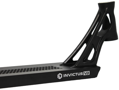 A close-up of the Root Industries Invictus V3 Black Stunt Scooter Deck (5.2" x 19.7") highlights the logo and geometric cut-out design near the head tube.
