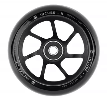 Ethic DTC presents the Incube V2 100mm Stunt Scooter Wheel in Black, expertly crafted from durable polyurethane. This wheel boasts a central metal hub with multiple spokes and clearly displays its specifications: "100 x 24, 88A.