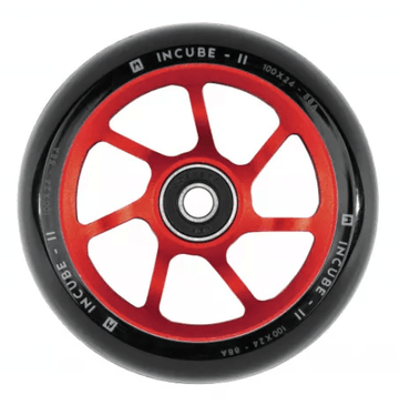 A red Ethic DTC Incube V2 100mm stunt scooter wheel featuring a black outer rim and silver Ethic bearings. The wheel is labeled with "INCUBE II" and size specifications of "100 x 24 - 88A" on the rim, perfectly fitting the category of 100mm scooter wheels.