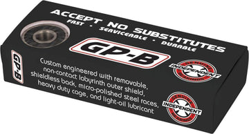 Image of an Independent GP-B Skateboard Bearings - 8 Pack box in black with the slogan "Accept No Substitutes," highlighting bearings specifically designed with removable, non-contact labyrinth shields. The box also displays micro-polished steel races and two logos stating "Genuine Independent Bearings" from the Independent brand.