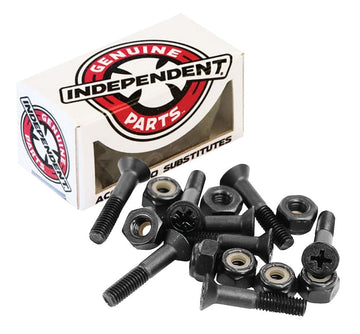 A collection of black fasteners, consisting of screws, bolts, and nuts such as Phillips bolts and truck bolts, is spread out in front of a box marked "Independent." The scattered hardware showcases different angles and types of fasteners. The box is adorned with a bold red and black logo.
