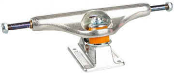 The Independent Stage 11 Forged Titanium Silver Skateboard Trucks, sized at 149mm, are displayed with an orange bushing. These silver trucks feature a shiny metal surface and include a baseplate and axle designed for easy attachment to a skateboard deck.