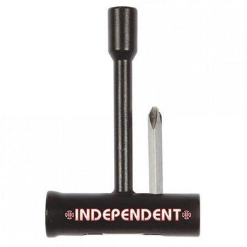 The Independent Bearing Saver Skate Tool - Black, by Independent, is a skate tool in black with the brand name "INDEPENDENT" prominently displayed in red and white. It includes a socket wrench, cylindrical handle, and Phillips screwdriver attachment, specially designed to prevent bearing shield damage during maintenance.
