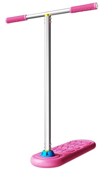 The INDO Pro Indoor Trampoline Stunt Scooter in Pink Pop, by the brand INDO, is designed with a flat, wide base and T-shaped handles to enhance balance and jumping. It's perfect for pro-level riders aiming to elevate their skills with style.