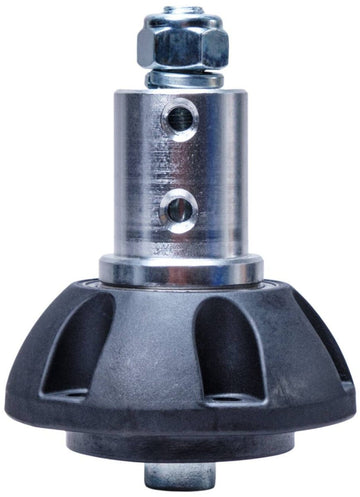A close-up of a mechanical component from the INDO Trampoline Stunt Scooter Headset, featuring a metallic cylindrical shaft with holes, a hex bolt on top, and a black ridged plastic base at the bottom.