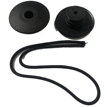 The image features a pair of JD Bug Original Street Scooter Bar Ends in black. One stopper is flat with a central hole, ideal for JD Bug Street Scooter handlebar ends, while the other has a stepped design. A gracefully curved black elastic cord lies beneath the stoppers.