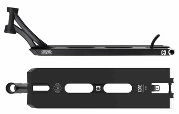 The CORE ST2 Forged Black Street Stunt Scooter Deck - 22" features top and side views with CORE brand logos. Designed for street riding, it showcases a sleek design with cutouts, a forged headtube for the front bar, and a rear brake.