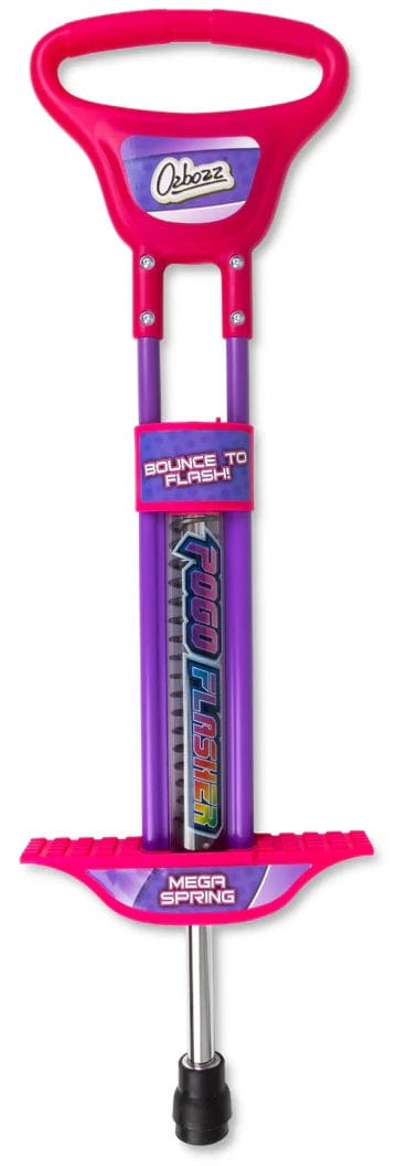 The Ozbozz Go Light Up Kids Pogo Stick - Pink features a pink handle and footrests with textured grips, purple body, blue accents, and labels like "Bounce to Flash!" and "Mega Spring." Brand: Ozbozz.