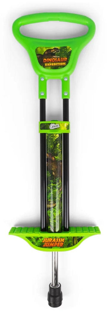 The Ozbozz Dinosaur Kids Pogo Stick - Green features black handles, footrests, and fun dinosaur-themed graphics with "Dinosaur Expedition" and "Jurassic Jumper" text.