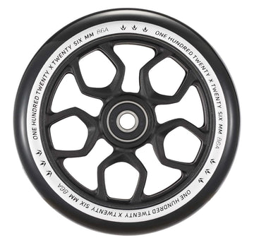 The Blunt Envy Lambo 120mm Stunt Scooter Wheel in black boasts a sleek, modern design inspired by Lamborghini wheels, with a white edge repeatedly inscribed with "ONE HUNDRED TWENTY X TWENTY SIX MM 86A" for optimal grip.
