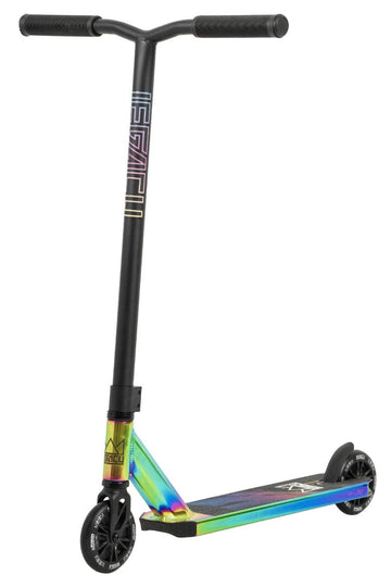 The Legacy 1.5 Pro Complete Stunt Scooter by Legacy features a rainbow neochrome deck, black handlebar and wheels, and a sleek design—ideal for riders who want style and durability.