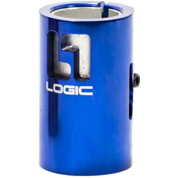 The Logic V2 4 Bolt Oversized SCS Stunt Scooter Clamp - Blue, from the brand Logic, is a lightweight cylindrical clamp adorned with "Logic V2 SCS Clamp" elegantly printed in white. It features a vertical slit and a hex screw for tightening.