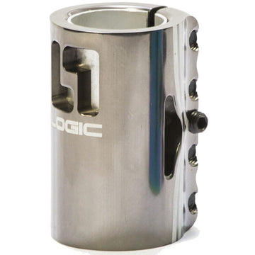 The Logic V2 4 Bolt Oversized SCS Stunt Scooter Clamp - Polished, by Logic, is a lightweight scooter clamp with CNC machining and four bolt holes. Featuring a polished metallic finish and brand logo on the side, it secures the handlebar to the scooter effectively.