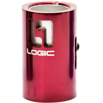 The Logic V2 4 Bolt Oversized SCS Stunt Scooter Clamp in red features a cylindrical metal design with "LOGIC" printed in white and a stylized "L1" logo cut out. This lightweight clamp is CNC machined, includes a side hole with a bolt, and boasts a sleek, polished finish.