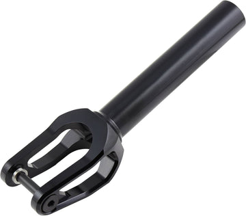 Introducing the Tilt Rigid SCS/HIC Stunt Scooter Forks in Black, known for their sleek minimalist design crafted from lightweight T6 aluminum. The cylindrical steerer tube seamlessly transitions into a two-pronged shape for effortless wheel attachment, while the smooth matte finish adds a stylish touch to your custom scooter.