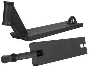Two Native Stem Black Stunt Scooter Decks, ideal for younger riders, are featured. One deck is shown from a side angle with a cutout design and handlebar attachment, while the other displays the underside with a flat, rectangular design and wheel cutouts. Both decks are set against a white background.