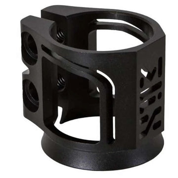 The Madd Gear MGP MFX X2 Cobra 2 Bolt Oversized Stunt Scooter Clamp in black, made from T6 aluminum alloy, features a contemporary design with cut-out patterns and two bolt holes on the side, displayed against a white background.