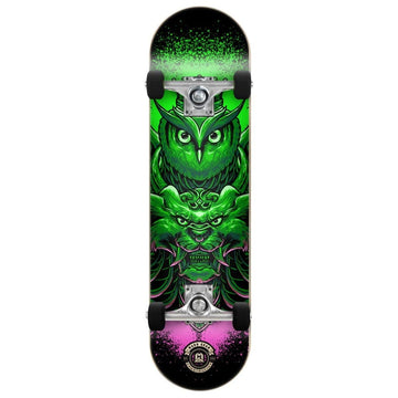 Explore the eye-catching Madd Gear MGP Pro Series Bubo Green Complete Skateboard, showcasing a vibrant design with a green owl and intricate patterns. Ideal for youngsters and beginners, this skateboard's bold background shifts from green to pink, ensuring it stands out in any skatepark.