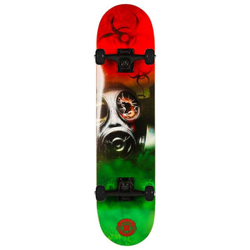 The Madd Gear MGP Pro Series Outbreak Red/Green Complete Skateboard, measuring 8" x 31", exhibits a striking design with red, green, and white hues adorned with gas mask and biohazard imagery. It features black trucks and wheels affixed to a sturdy 9-ply maple deck, providing smooth rides thanks to its Carbon Steel ABEC 3 bearings.