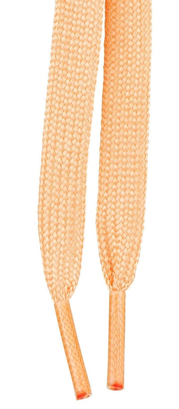 Close-up of two peach shoelace tips with plastic aglets, showcasing the textured, woven pattern of the Moxi Beach Bunny 299cm Skate Laces. The intricate design contrasts beautifully against a plain white background, adding a subtle nod to the vibrant world of Moxi Roller Skates.