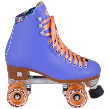 The Moxi Beach Bunny Quad Roller Skates - Periwinkle are lively blue high-top boots designed for outdoor use, featuring orange laces and wheels. These skates come with a brown heel and durable metal plate, complemented by a vibrant floral pattern on the inner ankle area. The orange and black wheels, along with the stopper, make them ideal for outdoor adventures.