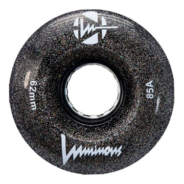 The Luminous LED 85A Quad Roller Skate Wheel in Night Sky (62mm) features a black glittery finish with white "62mm" and "85A durometer" text, plus the Luminous brand name, and a central hole for mounting on your skate axle.