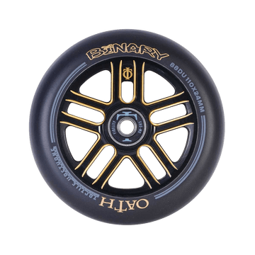 Close-up of the lightweight Oath Binary 110mm Stunt Scooter Wheel, featuring sleek black and orange accents. Displaying "BINARY" and "OATH," this wheel is specified as "88DU" with dimensions of "110x24MM," and comes equipped with Oath Fidelity bearings for improved impact resistance. The central hub exhibits intricate design details.