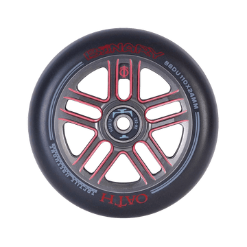 The Oath Binary 110mm Stunt Scooter Wheel, styled in red and titanium, is a lightweight hollow-core wheel featuring the "BINARY" and "OATH" labels. It is designed with impact-resistant multiple spokes and showcases the specifications "88DU/110x24MM" along the rim. This wheel is enhanced with high-grade bearings to ensure optimal performance.
