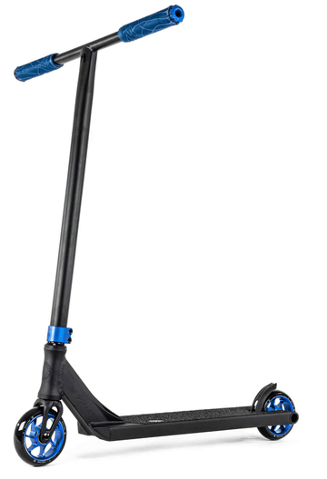 The Ethic DTC Pandora Complete Stunt Scooter (L) – Blue is a street-oriented scooter featuring a black and blue design. It includes a chromoly steel T-bar with vibrant blue grips and wheel rims, complemented by a textured deck surface for enhanced grip. The scooter stands confidently upright on its wheels, making it both stylish and functional.