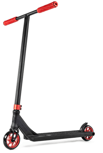 The Ethic DTC Pandora Complete Stunt Scooter (M) - Red is perfect for street riding with its sleek design featuring a sturdy chromoly steel single-piece handlebar and deck. The vibrant red grips and wheel hubs add a pop of color to the minimalist black frame.