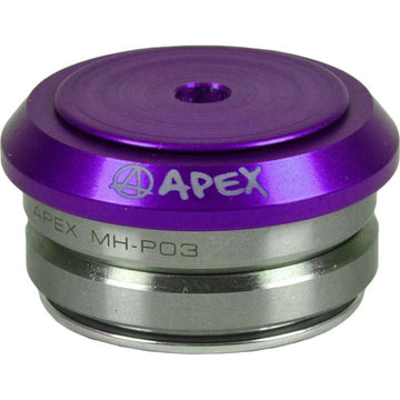 The Apex Integrated Stunt Scooter Headset in purple and silver showcases the elegantly displayed Apex logo on its purple section. This premium bicycle component ensures a sleek design, reminiscent of the innovative Apex Volcano compression systems.