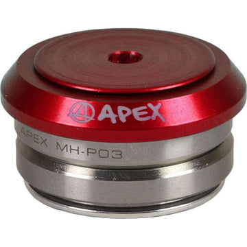 A close-up of a red and silver metal component labeled "Apex Integrated Stunt Scooter Headset - Red" highlights its importance as an essential part of a stunt scooter. The top is red with the engraved Apex branding, while the silver lower section features grooves, reminiscent of components found in an integrated scooter deck.