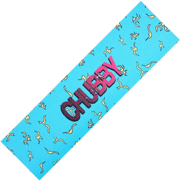 A skateboard deck in light blue adorned with a pattern of yellow flames and the word "CHUBBY" in bold, textured red letters across the center, ideal for making a statement at the skatepark and matching your Chubby Stunt Scooter Griptape - Sticky.