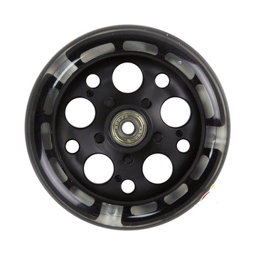 The Zycom 125mm Light Up Front Scooter Wheel in black showcases a design with multiple circular holes and a central metal bearing, complemented by partially translucent tires that feature an intriguing pattern of light and dark sections. This edition is enhanced with captivating light-up LEDs for an eye-catching ride.